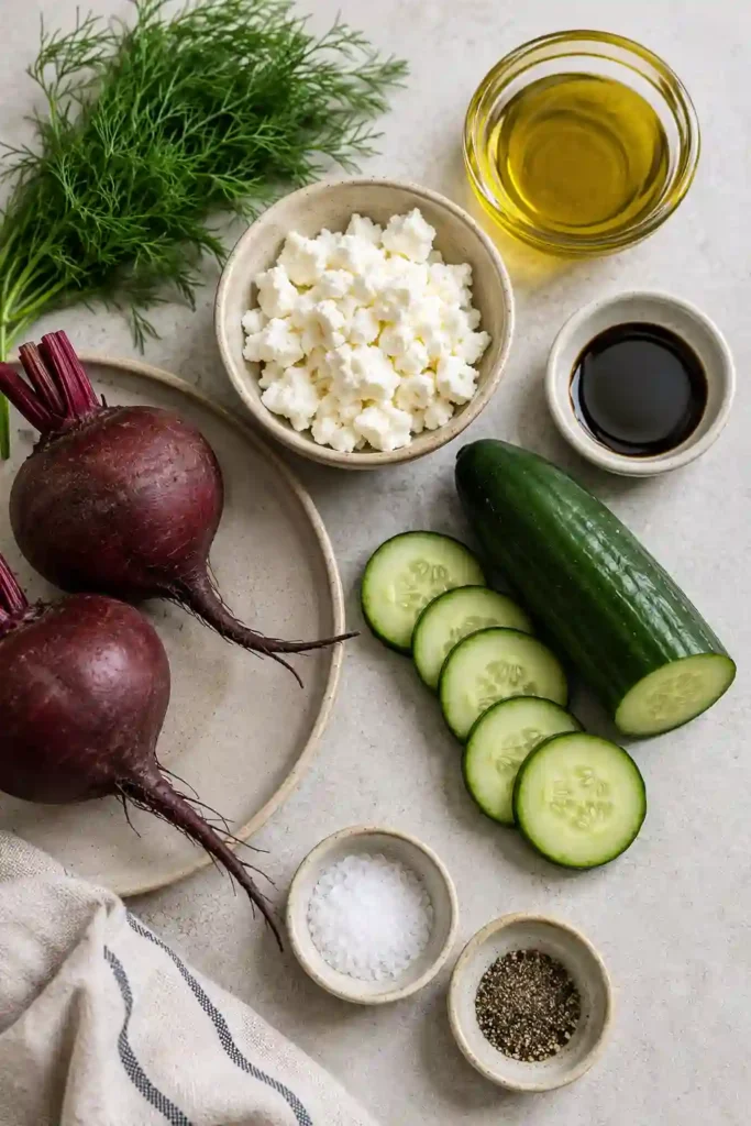 Roasted beet salad with cucumber slices, feta cheese, and fresh dill. A refreshing vegetarian recipe perfect for lunch or dinner.