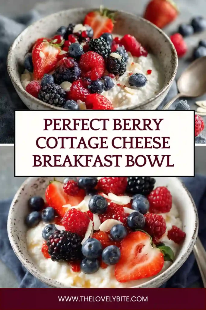 A Berry Cottage Cheese Breakfast Bowl topped with fresh strawberries, blueberries, raspberries, and blackberries. Slivered almonds add a crunchy texture to this healthy high-protein breakfast.