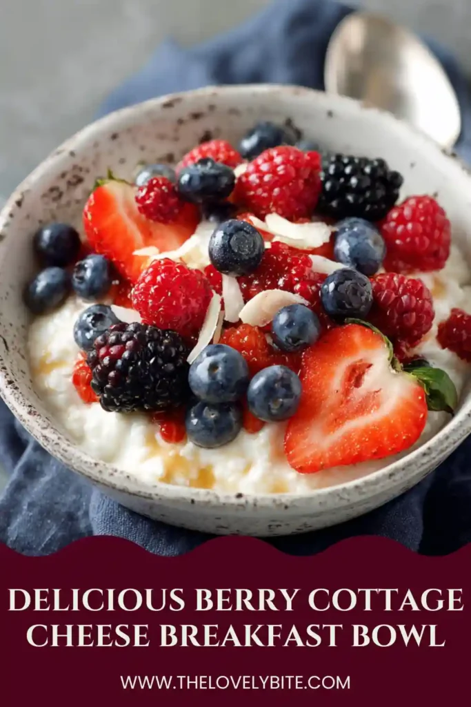 Creamy cottage cheese served with colorful mixed berries and crunchy almonds in a breakfast bowl. This nutritious meal is rich in protein and natural sweetness.