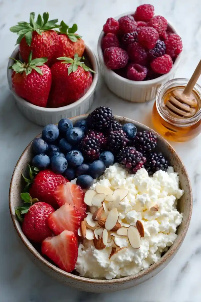 Healthy breakfast bowl featuring cottage cheese, mixed berries, and sliced almonds.
