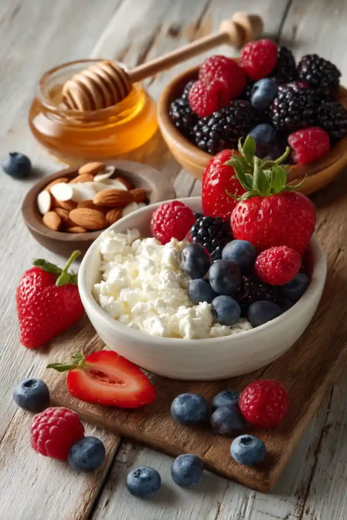 Protein-rich cottage cheese topped with vibrant berries and almonds in a simple breakfast bowl. Perfect for a refreshing and satisfying morning meal.
