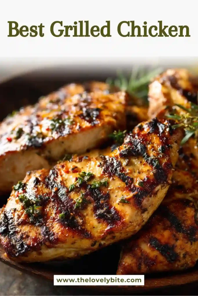 Juicy grilled chicken breasts cooked over high heat and served on a platter. This Best Grilled Chicken recipe features a flavorful garlic herb marinade with fresh lemon zest.