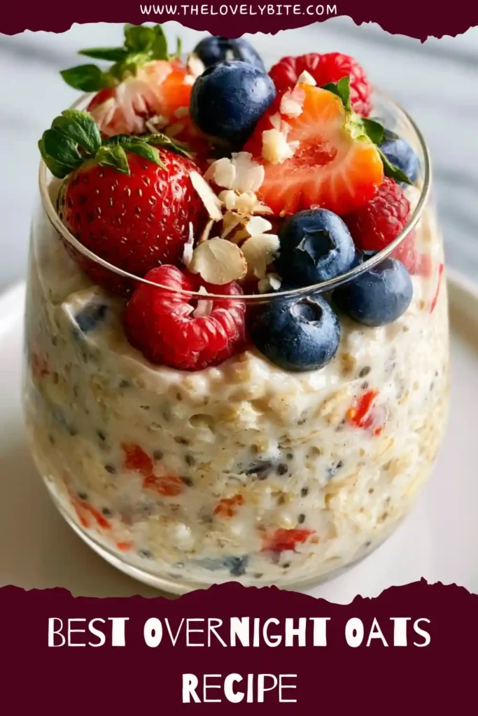 Healthy overnight oats prepared in a mason jar with rolled oats, yogurt, almond milk, and fresh fruit toppings.
