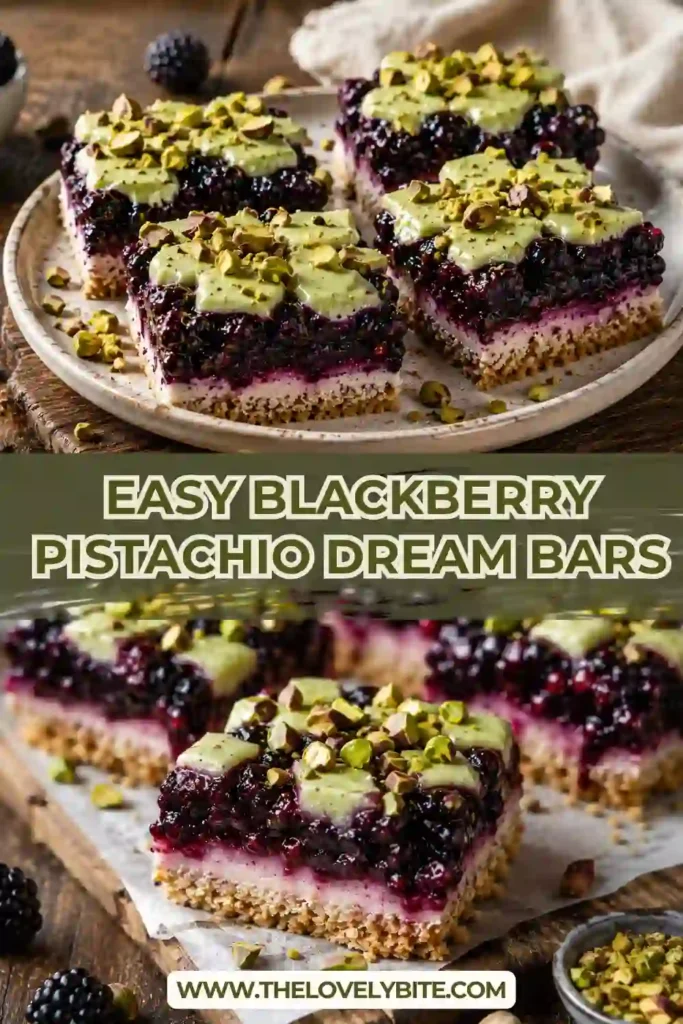 Freshly baked Blackberry Pistachio Dream Bars arranged on a serving tray. Layers of buttery crust, blackberry filling, and crunchy pistachio topping are clearly visible.