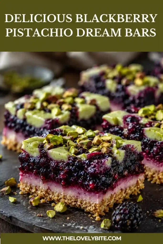 Homemade Blackberry Pistachio Dream Bars sliced into squares with vibrant blackberry filling and golden pistachio crumble. A delicious fruit dessert bar perfect for gatherings.