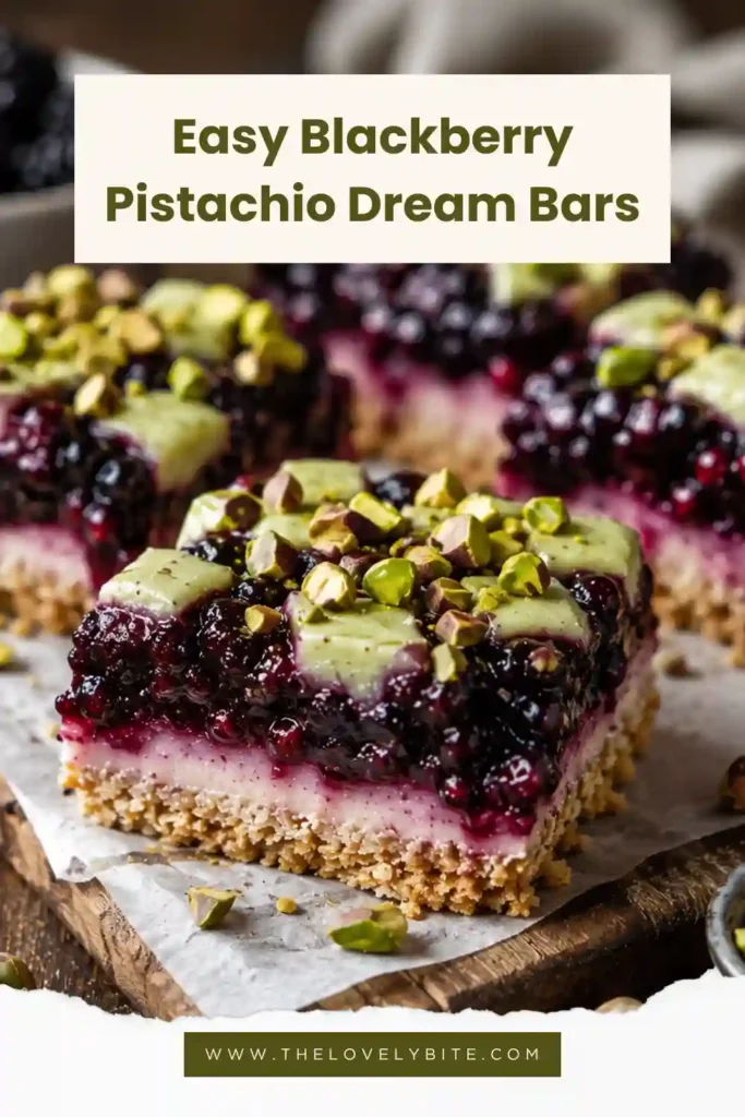 Close-up of Blackberry Pistachio Dream Bars showcasing juicy berry filling and crunchy pistachio topping. The buttery crust creates the perfect dessert base.