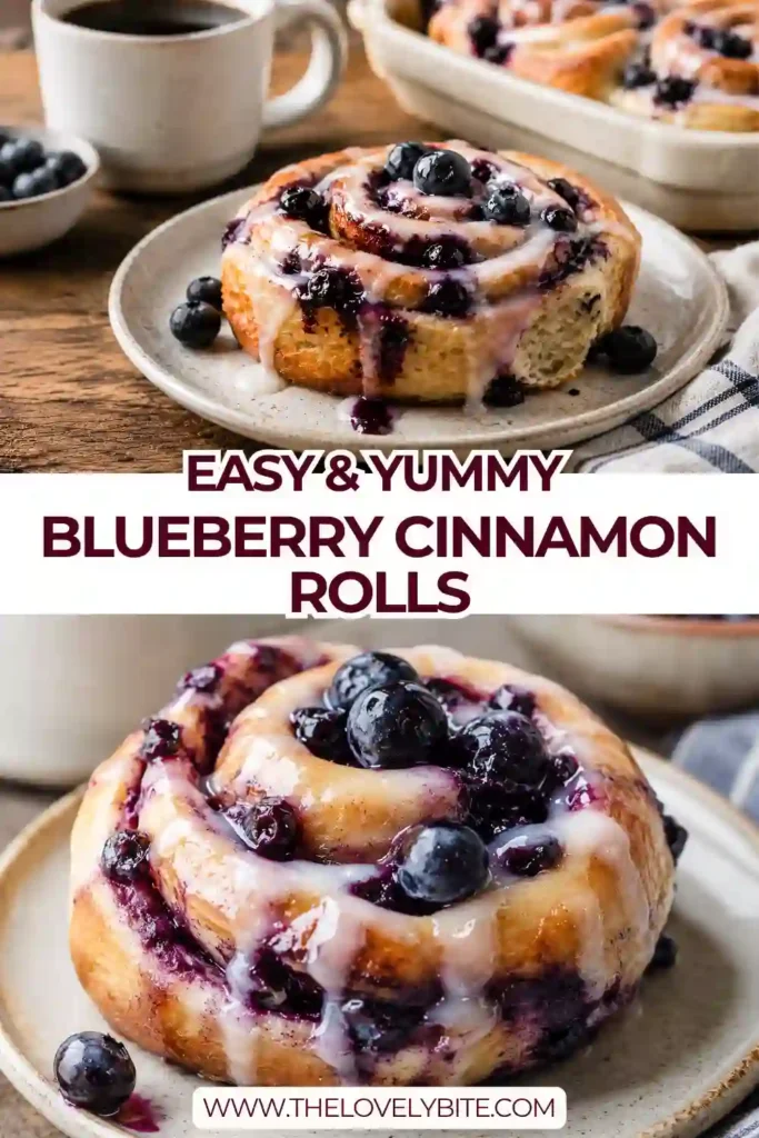 Freshly baked Blueberry Cinnamon Rolls topped with creamy cream cheese frosting in a baking dish. Soft swirls of cinnamon and juicy blueberries are visible throughout each roll.