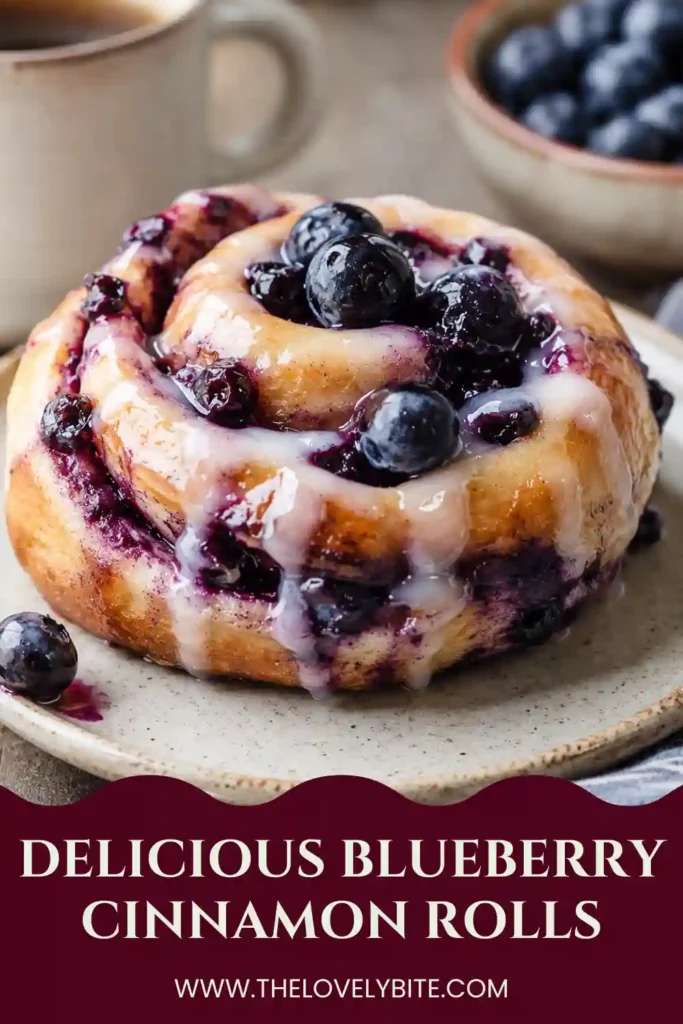 Golden brown Blueberry Cinnamon Rolls covered with smooth frosting and bursting with sweet blueberry flavor. Perfect for breakfast, brunch, or dessert.