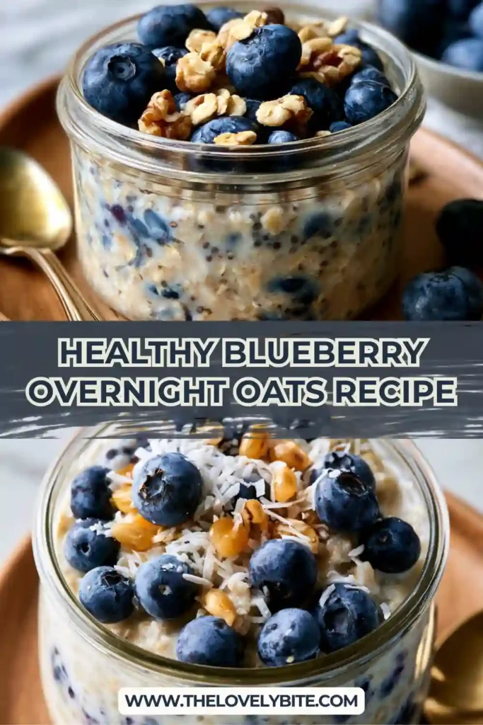 A jar of Blueberry Overnight Oats made with rolled oats, Greek yogurt, almond milk, and fresh blueberries. This healthy breakfast is creamy, colorful, and perfect for meal prep.
