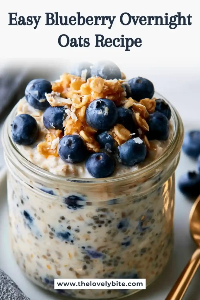 Healthy Blueberry Overnight Oats topped with fresh blueberries and served in a glass jar. A nutritious make-ahead breakfast with wholesome ingredients.
