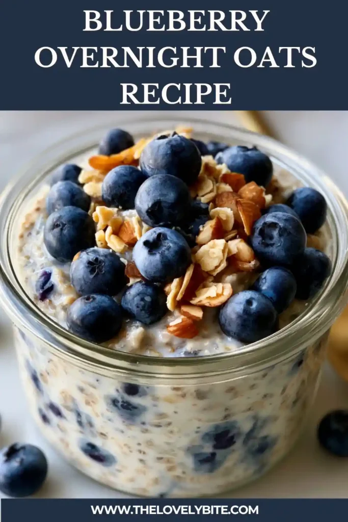 Creamy overnight oats with blueberries, chia seeds, and yogurt prepared in a mason jar. An easy meal prep breakfast ready to enjoy in the morning.