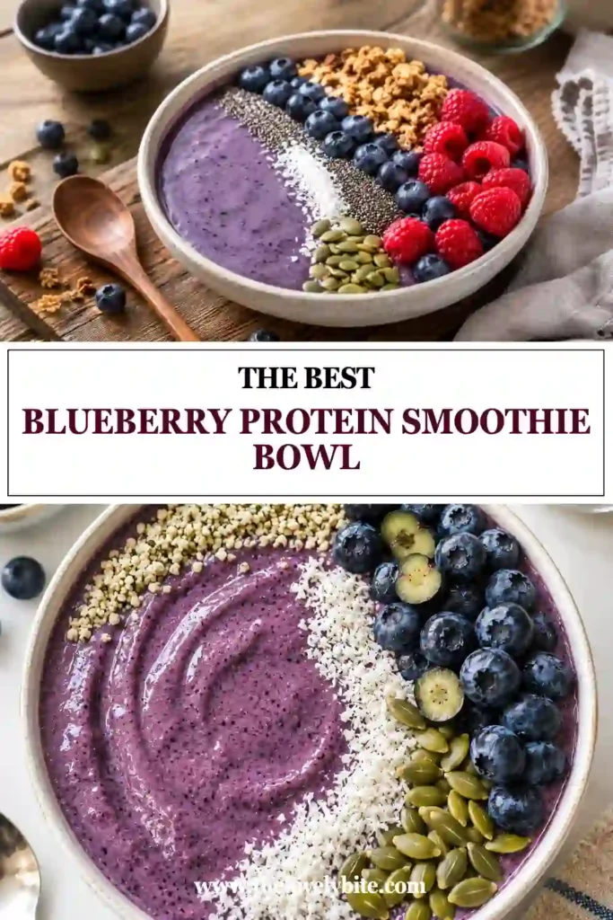 A creamy Blueberry Protein Smoothie Bowl topped with chia seeds, shredded coconut, pumpkin seeds, hemp seeds, and crunchy muesli. This healthy breakfast is rich in protein and antioxidants.