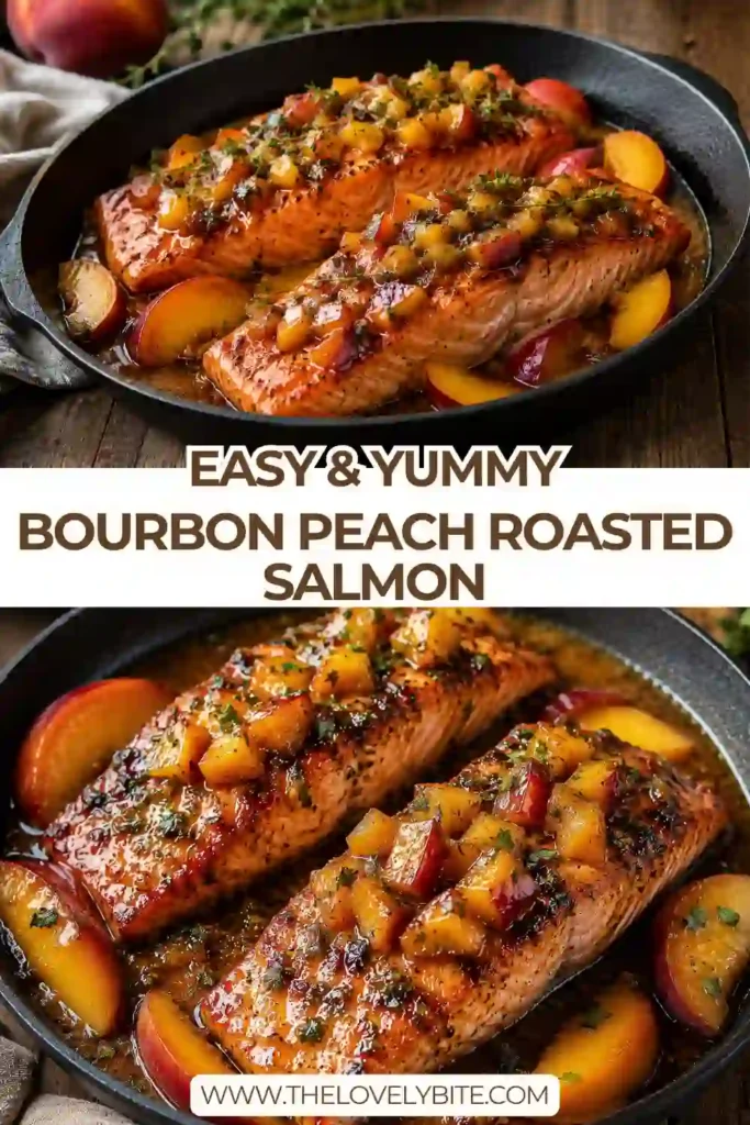 Freshly baked Bourbon Peach Roasted Salmon topped with juicy peach glaze and chopped parsley. The salmon is tender, flavorful, and served warm for an elegant dinner.