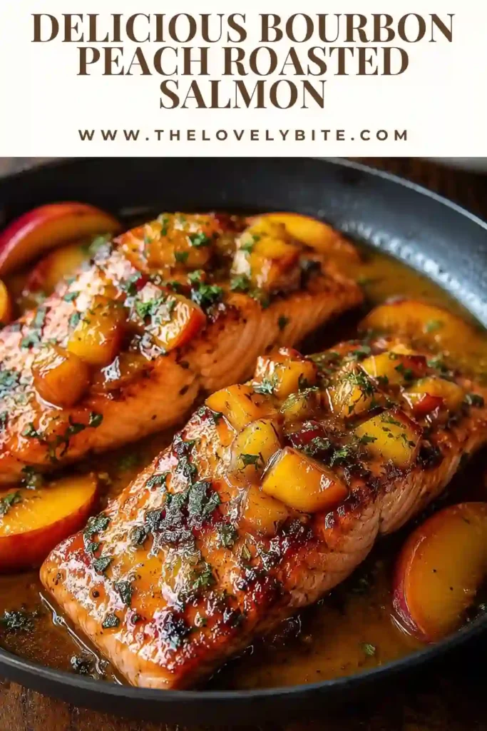 A close-up of Bourbon Peach Roasted Salmon served with roasted vegetables and fresh parsley. The peach topping creates a beautiful caramelized finish.