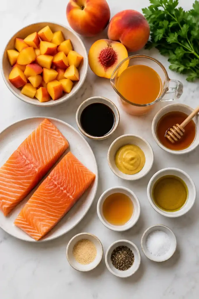 Golden roasted salmon with a homemade peach glaze on a serving plate. This easy baked salmon recipe is perfect for weeknight meals and special dinners.
