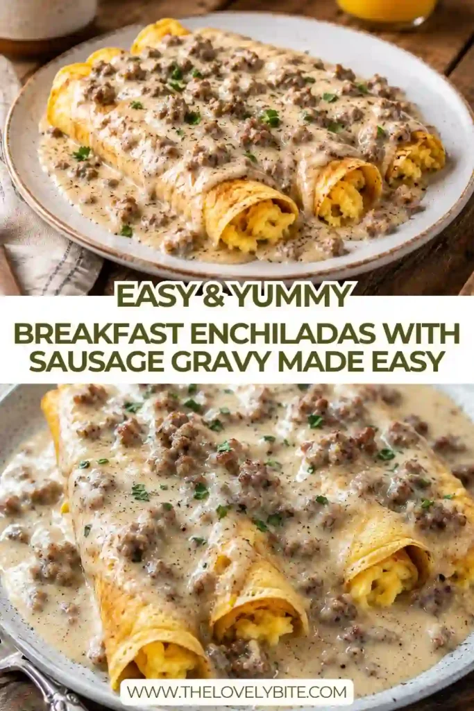 A baking dish filled with Breakfast Enchiladas with Sausage Gravy featuring fluffy eggs, seasoned beef sausage, hash browns, and melted cheddar cheese. This comforting breakfast bake is warm and satisfying.
