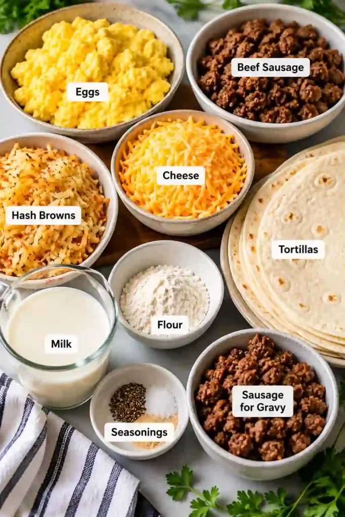 Freshly baked Breakfast Enchiladas with Sausage Gravy topped with melted cheese and fresh parsley. The enchiladas are creamy, golden, and perfect for a hearty family breakfast.