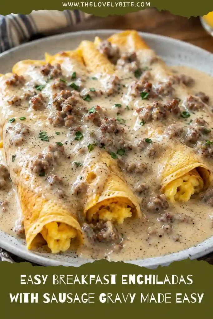 Golden breakfast enchiladas covered in creamy beef sausage gravy and topped with chopped parsley. The dish is baked until bubbly and ready for brunch.