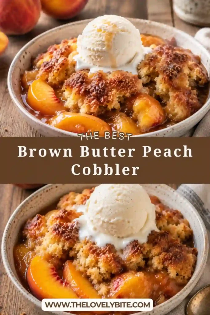 A warm Brown Butter Peach Cobbler baked until golden with juicy fresh peaches bubbling beneath a buttery crust. Served with creamy vanilla ice cream for a classic summer dessert.
