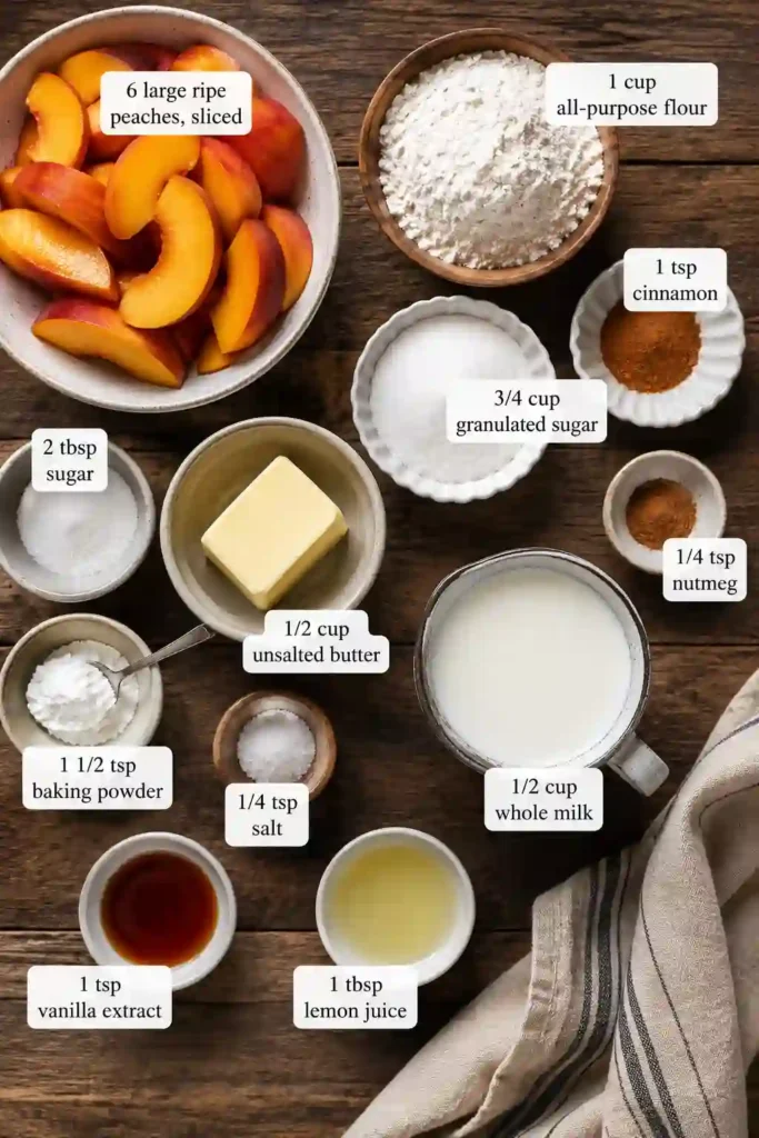 A serving of Brown Butter Peach Cobbler topped with vanilla ice cream. This baked peach dessert is rich, comforting, and perfect for summer entertaining.