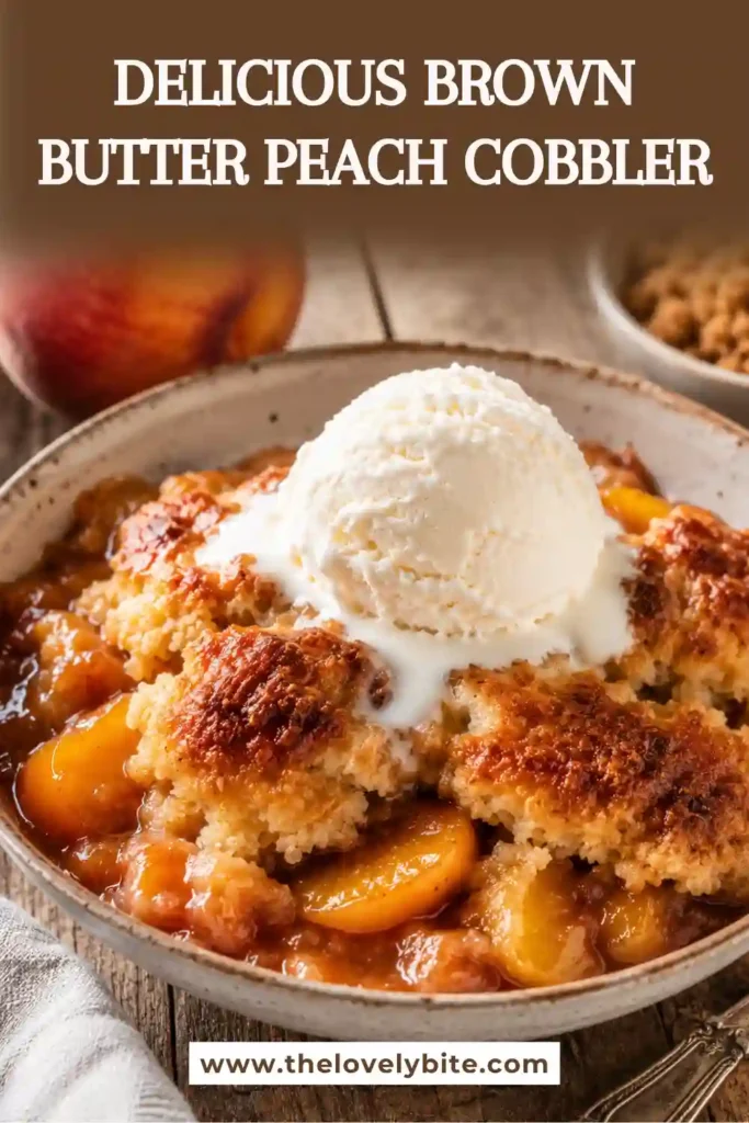 Homemade Brown Butter Peach Cobbler made with fresh peaches, cinnamon, and browned butter. This easy peach cobbler recipe has a crisp golden topping and tender fruit filling.