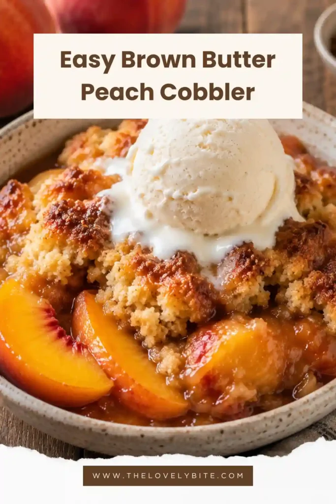 Freshly baked Brown Butter Peach Cobbler cooling in a baking dish before serving. The dessert features sweet peaches, warm spices, and a rich buttery crust.