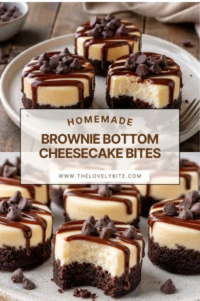 Brownie Bottom Cheesecake Bites topped with glossy chocolate ganache and mini chocolate chips. The rich brownie layer and creamy cheesecake filling create a beautiful dessert presentation.