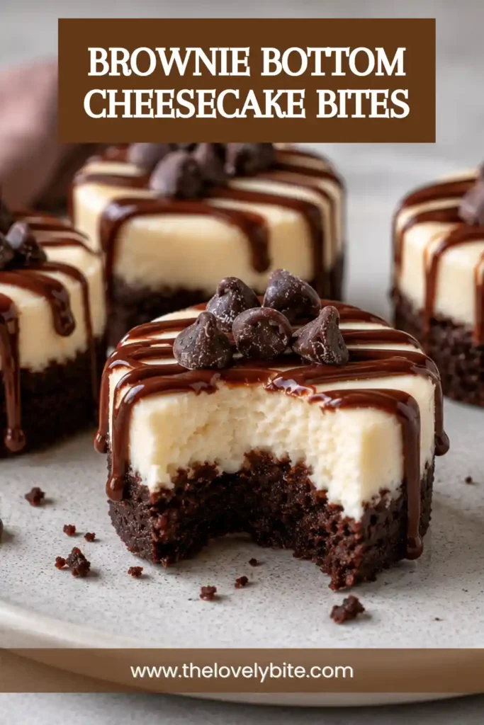 Mini cheesecake bites featuring a rich brownie base, creamy cheesecake center, and chocolate chip garnish. These elegant treats are ideal for parties and celebrations.