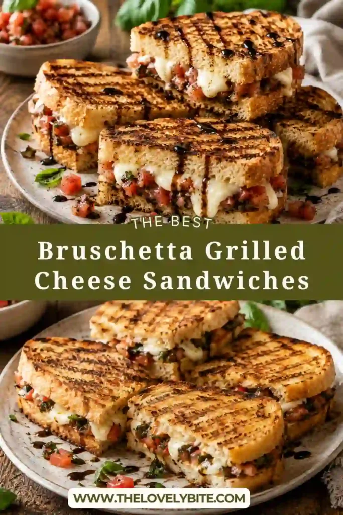 Crispy Bruschetta Grilled Cheese Sandwiches made with toasted ciabatta, melted mozzarella, tomatoes, basil, and Parmesan. The sandwich is finished with a drizzle of balsamic glaze.