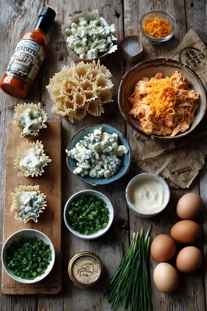 Golden Buffalo Chicken Dip Cups baked in crispy wonton shells and topped with blue cheese crumbles and fresh chives. These bite-sized appetizers are perfect for game day parties and holiday gatherings.