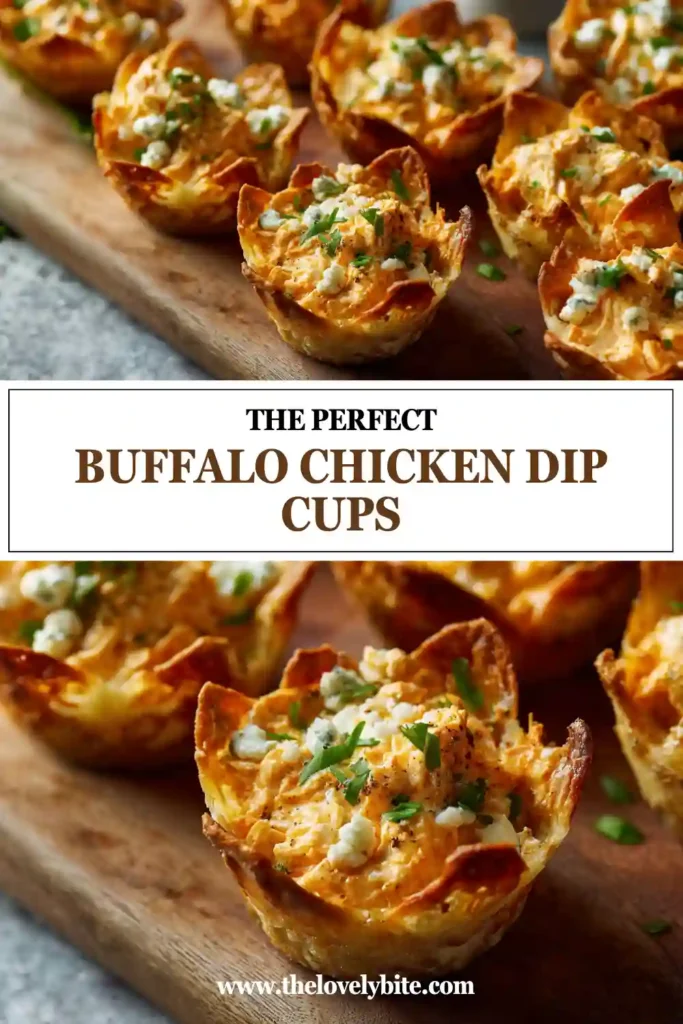 Freshly baked Buffalo Chicken Dip Cups served on a platter with blue cheese crumbles and chopped chives. A delicious finger food recipe for entertaining guests.