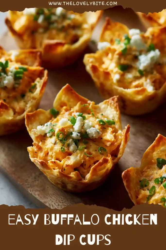Buffalo Chicken Dip Cups featuring rotisserie chicken, cream cheese, and blue cheese baked inside crispy wonton wrappers. A simple and crowd-pleasing party snack.