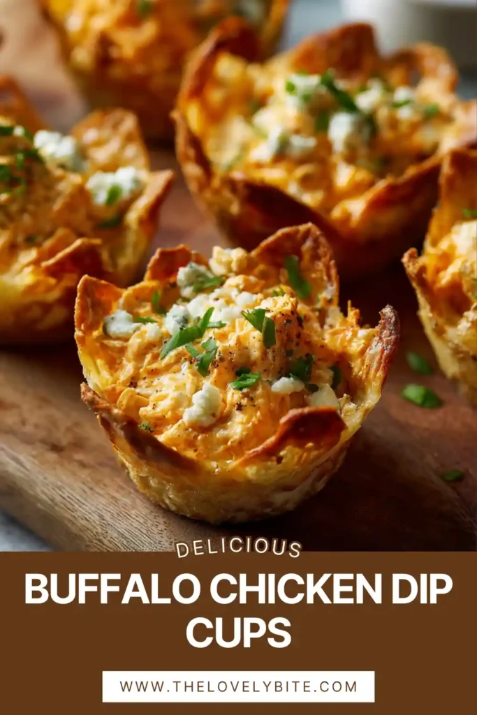 Homemade Buffalo Chicken Dip Cups arranged on a serving tray for a party or game day spread. Crunchy wonton cups are filled with spicy, cheesy chicken dip.