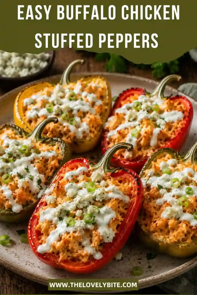 Freshly baked Buffalo Chicken Stuffed Peppers filled with creamy shredded chicken and topped with dairy free ranch, green onions, and fresh herbs. This low carb dinner is colorful, hearty, and perfect for meal prep.