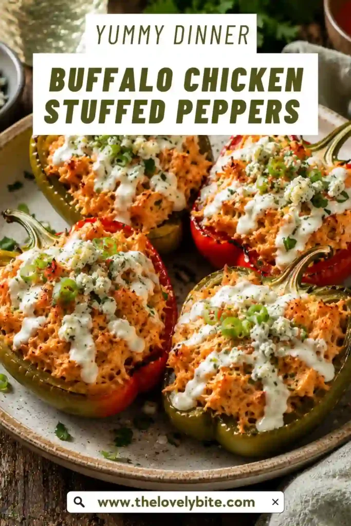 Roasted bell peppers stuffed with spicy buffalo chicken filling and garnished with chopped herbs. This dairy free recipe makes an easy, high protein family dinner.