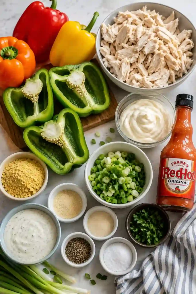 Oven-baked stuffed bell peppers loaded with creamy buffalo chicken and fresh herbs. A simple dairy free recipe that's perfect for busy weeknight meals.