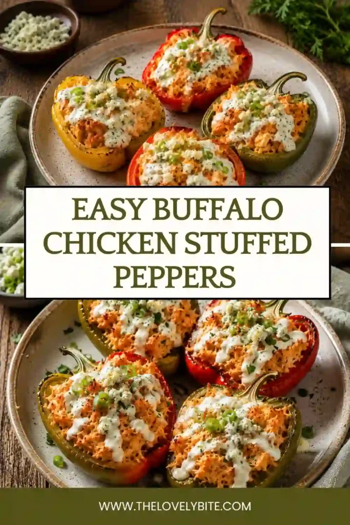 Colorful baked Buffalo Chicken Stuffed Peppers served with dairy free ranch dressing and fresh green onions. A healthy low carb comfort food packed with bold flavor.