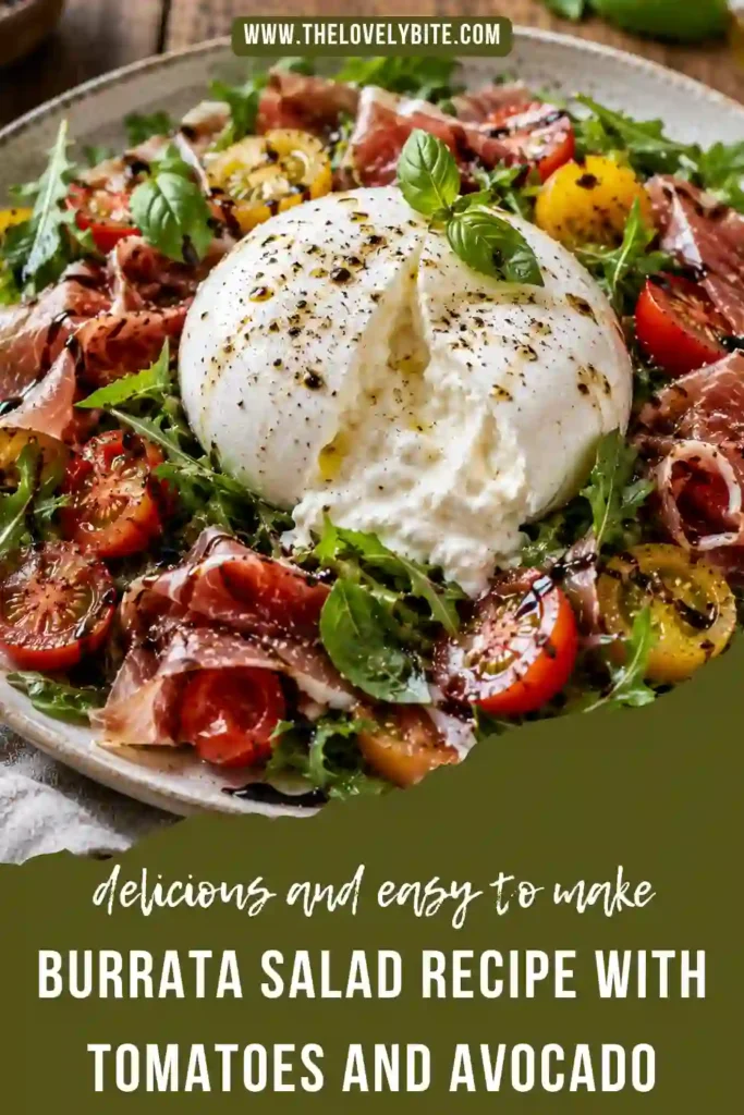 A fresh Burrata Salad Recipe served with creamy burrata cheese, ripe tomatoes, avocado, and basil over spring mix. Homemade croutons and balsamic vinaigrette complete this colorful salad.