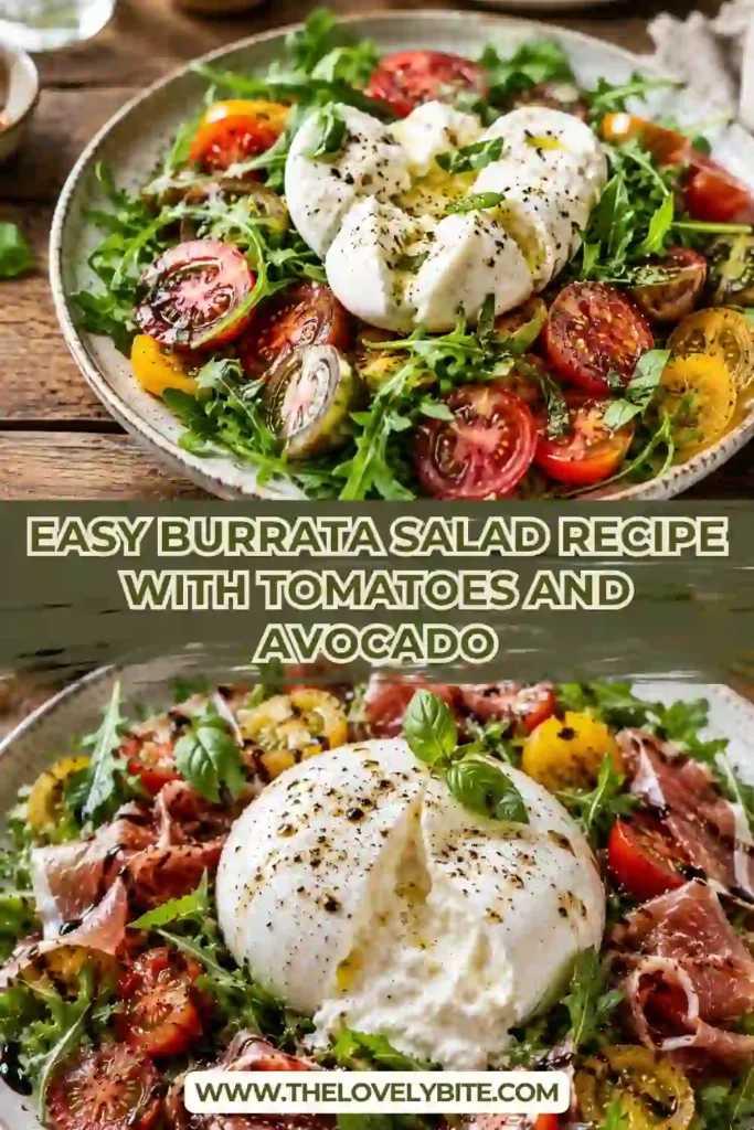 A fresh Burrata Salad Recipe served with creamy burrata cheese, ripe tomatoes, avocado, and basil over spring mix. Homemade croutons and balsamic vinaigrette complete this colorful salad.
