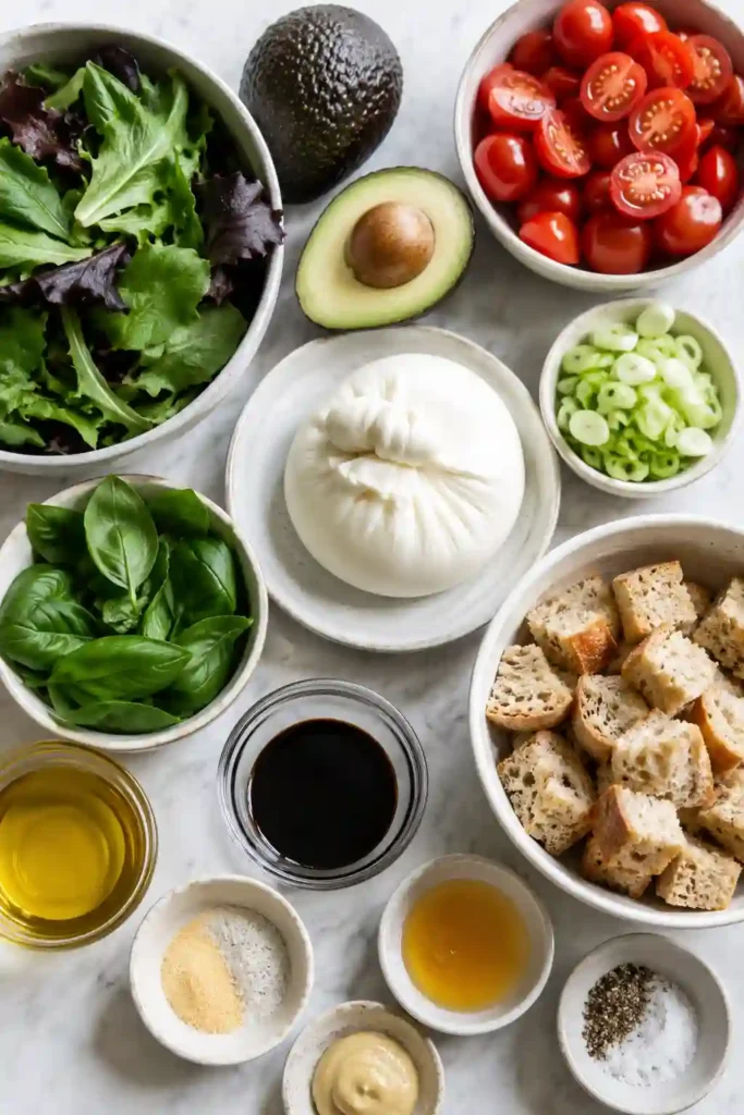 Healthy burrata salad topped with fresh vegetables, basil, and homemade croutons. A light balsamic vinaigrette adds bright flavor to this easy recipe.
