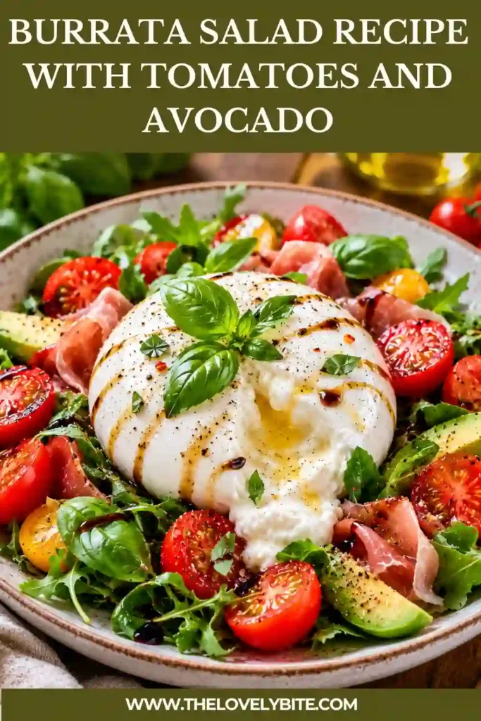 Italian-inspired burrata salad arranged on a serving platter with mixed greens, avocado, tomatoes, and fresh herbs. The creamy burrata center creates a beautiful presentation.