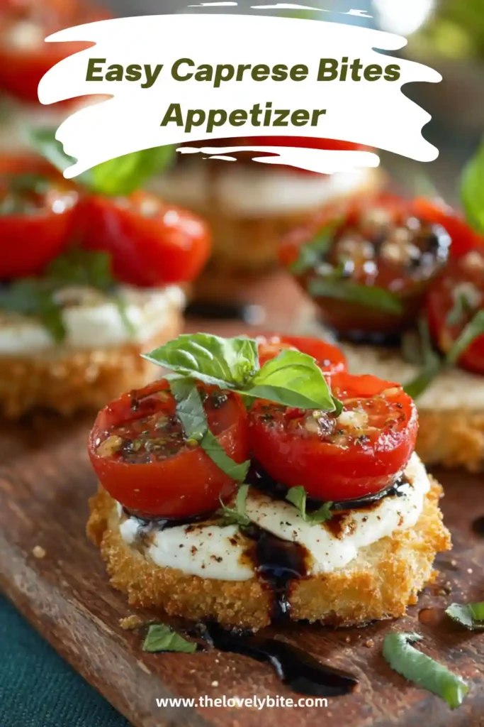 Caprese Bites topped with mozzarella, tomatoes, basil, and balsamic glaze on toasted baguette slices.