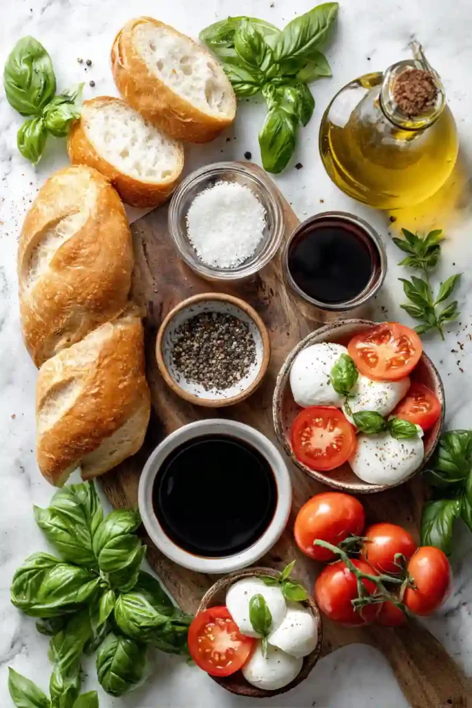 Party appetizer made with toasted baguette slices, fresh tomatoes, basil, and mozzarella.