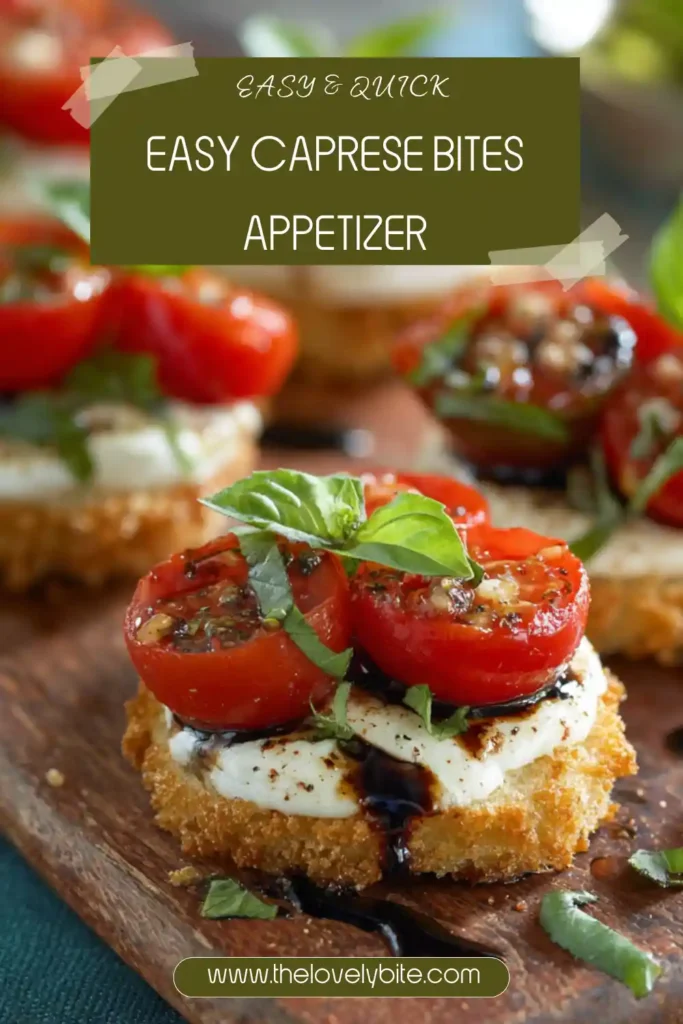 Italian Caprese appetizer featuring melted mozzarella and fresh basil on crispy bread.