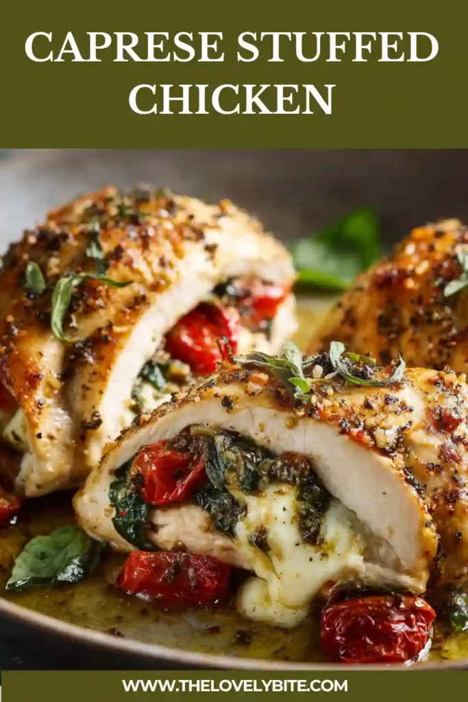 Caprese Stuffed Chicken served on a platter with melted mozzarella and sun-dried tomatoes. The juicy baked chicken is garnished with fresh spinach and savory pan juices.