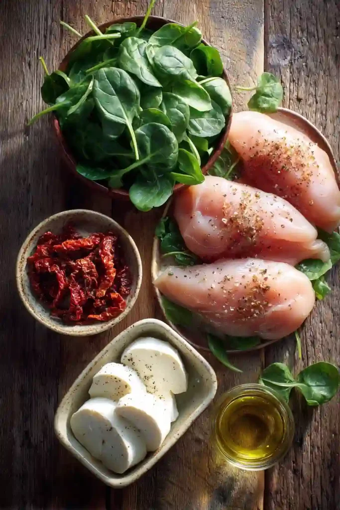 Oven-baked Caprese Stuffed Chicken topped with rich pan juices and stuffed with fresh spinach and mozzarella. A healthy, protein-rich Italian chicken recipe.