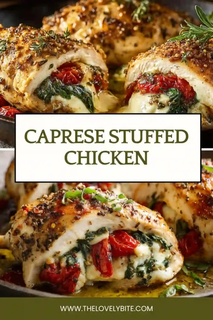 Golden-brown Caprese Stuffed Chicken filled with mozzarella cheese, spinach, and sun-dried tomatoes. A flavorful Italian-inspired dinner recipe ready in under 40 minutes.