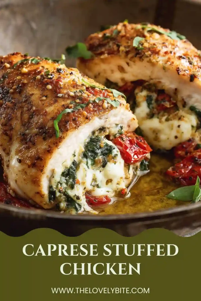 Close-up of sliced Caprese Stuffed Chicken revealing melted mozzarella and colorful sun-dried tomato filling. This easy stuffed chicken breast is perfect for weeknight dinners.