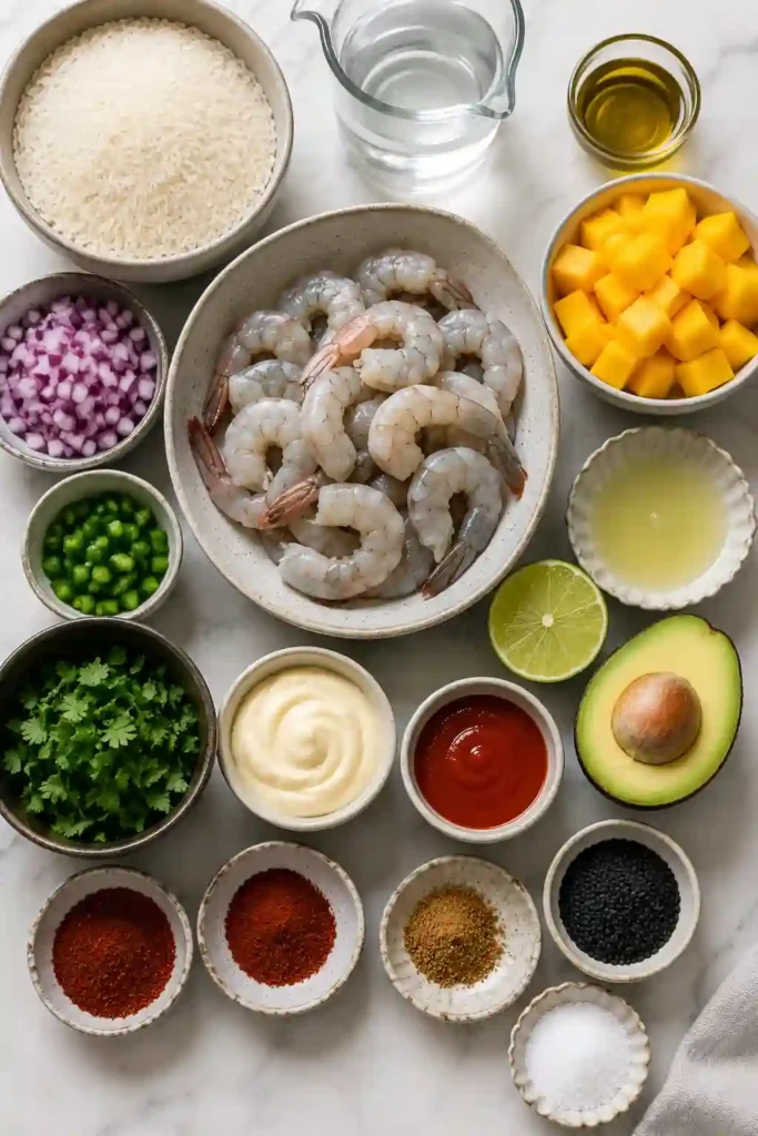 Colorful Charred Shrimp and Avocado Bowl with seasoned shrimp, fresh avocado, mango salsa, and sesame seed garnish. A vibrant meal perfect for lunch or dinner.