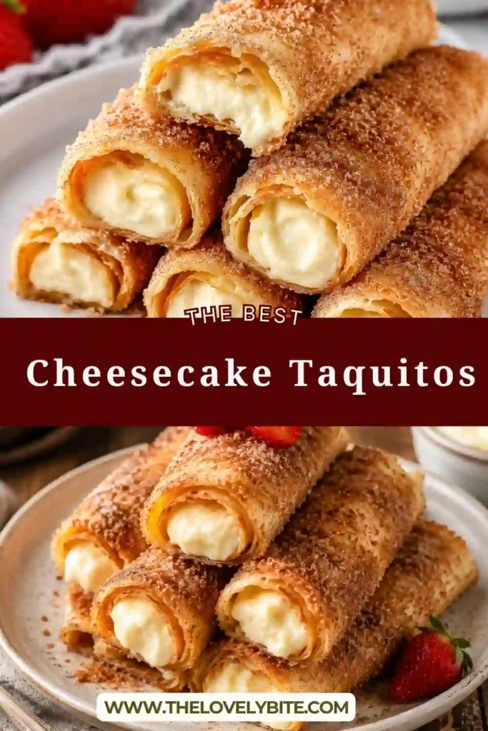Freshly baked Cheesecake Taquitos coated in cinnamon sugar and arranged on a serving platter. The crispy tortillas are filled with creamy cheesecake filling and served with fresh strawberries.